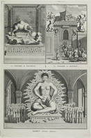 KG 11957
<br/>
Oost-Indië: Japanse pagodes van de stier en van Daybot en de Godheid Daybot zelf.
<br/>
<em>Picart, Bernard (1673-1733)</em>